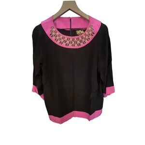Bob Mackie Wearable Art Black & Pink‎ Silk Top With Embellished Collar Medium